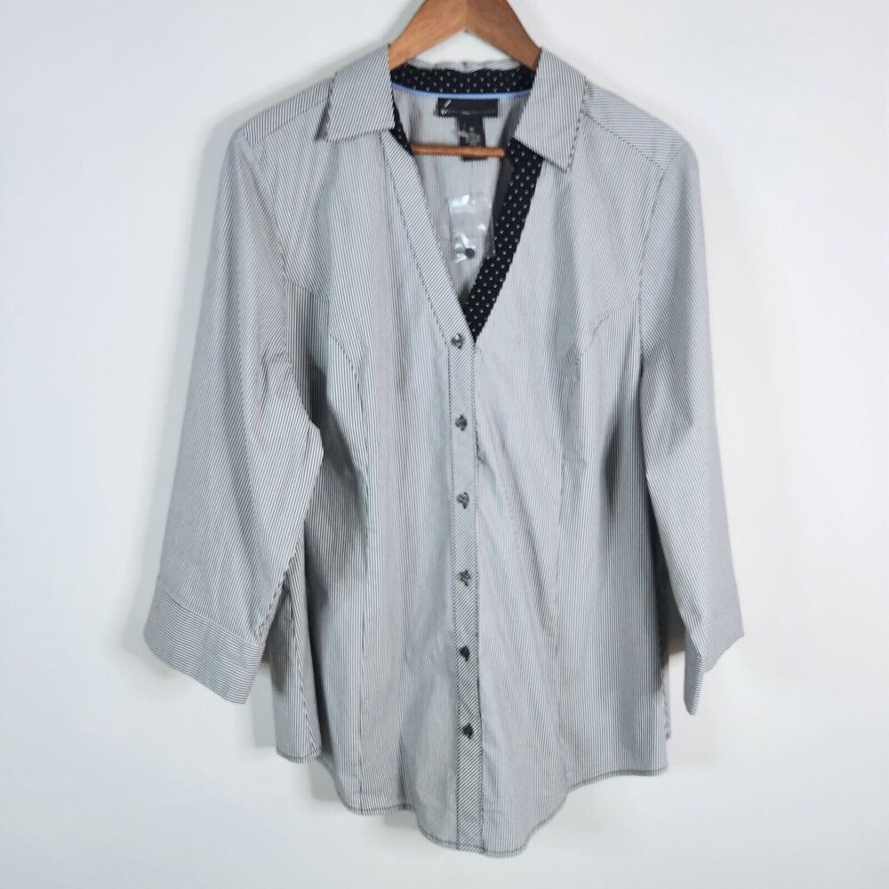 Lane Bryant Black White Striped 3/4 Sleeve Button Up Blouse Size 22 Business